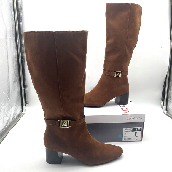 NWB Liz Claiborne 'LC RIGSBEE' Brown Faux Suede Zip Mid Calf Block Heel Boots 8M - Picture 3 of 16